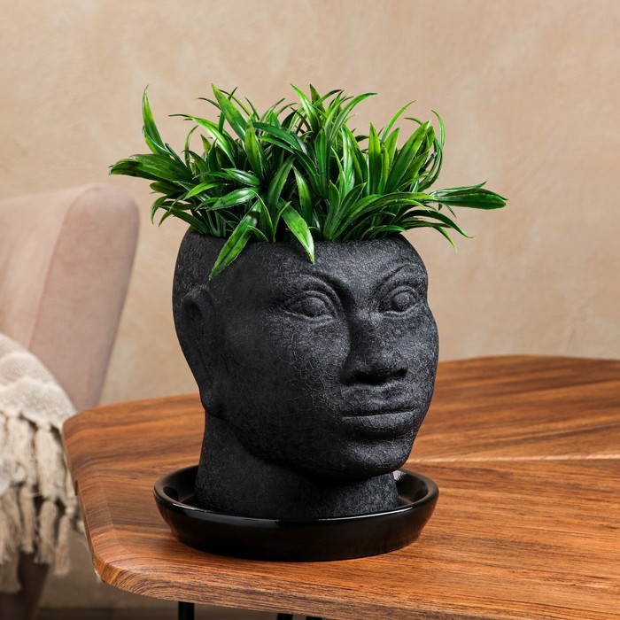 Кашпо "Голова африканки", шёлк, чёрное, керамика, 1.4 л