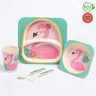 Набор детской бамбуковой посуды «Фламинго», тарелка, миска, стакан, приборы, 5 предметов - фото 712173