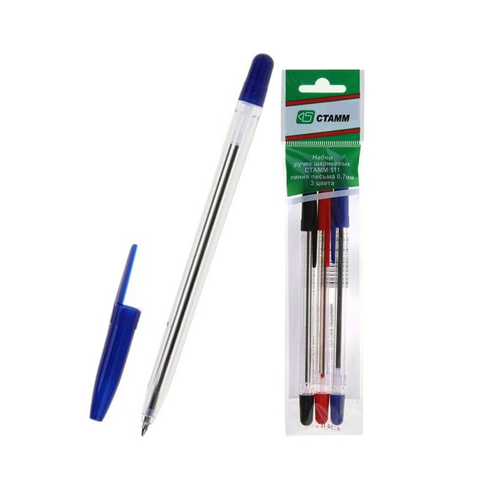 Набор ручек шариковых микс 3 цвета «Стамм» 111, узел 0.7 мм, чернила на масляной основе: синие, красные, чёрные, европодвес