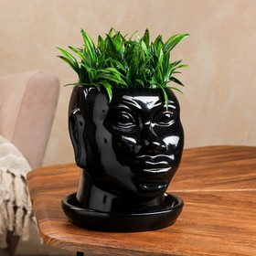 Горшок для цветов "Голова африканки", глянец, чёрное, керамика, 1.4 л
