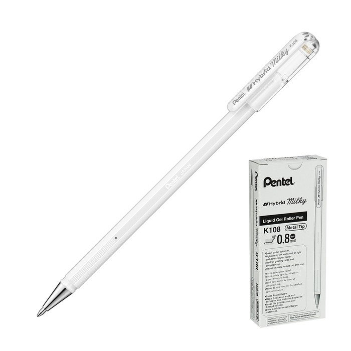 Ручка гелевая Pentel Hybrid Milky узел 0.8мм, чернила пастельные белые K108-PW