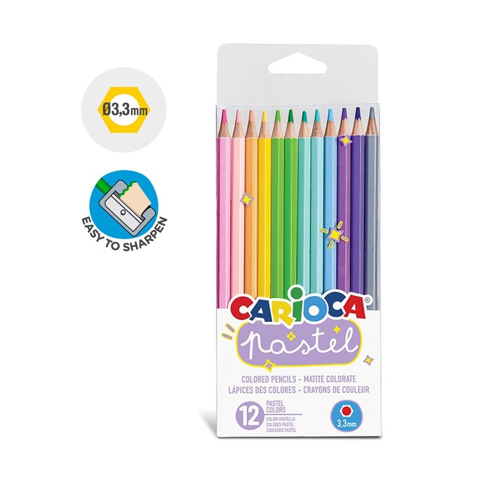 Карандаши пластиковые 12 цветов, CARIOCA PASTEL, шестигранные, в блистере с европодвесом
