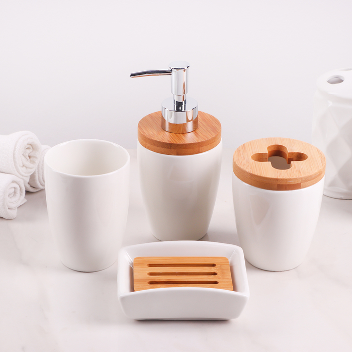 Набор аксессуаров для ванной комнаты «Бамбук», 4 предмета (мыльница, дозатор,два стакана) - фото 965372