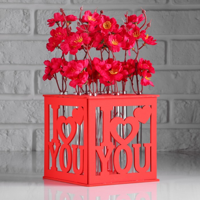 Кашпо деревянное 15?15?15 см с 9 колбами "I love you heart", красный