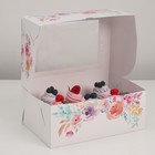 Упаковка на 6 капкейков с окном "Цветы", на белом , 25 х 17 х 10 см - фото 6867731