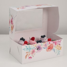 Упаковка на 6 капкейков с окном "Цветы", на белом , 25 х 17 х 10 см