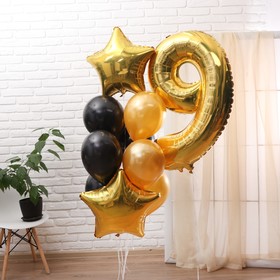 Букет из шаров «День рождения. 9 лет», набор 10 шт. + грузик, чёрно-золотой