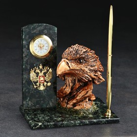 Письменный набор "Орёл", с часами и ручкой, 10х15х15 см, змеевик, гипс в Донецке
