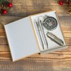 4in1 gift set in wooden box: 2 handles, key chain-compass, knife 3in1, black