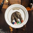 Plate souvenir "Bear with raised paw", ceramics, gypsum, minerals, d=11 cm