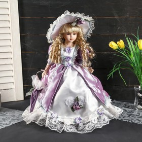 Кукла коллекционная керамика "Ангелина в сиренево-розовом платье. шляпе, с зонтом" 35 см