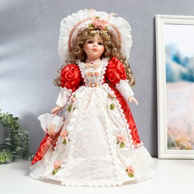 Кукла коллекционная керамика "Милана в платье с узорами, со шляпкой и зонтом" 40 см