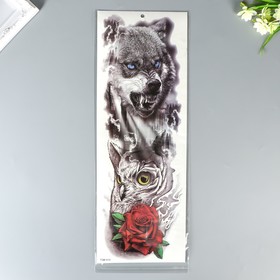 Татуировка на тело чёрная с цветом "Волк и филин" 48х17 см