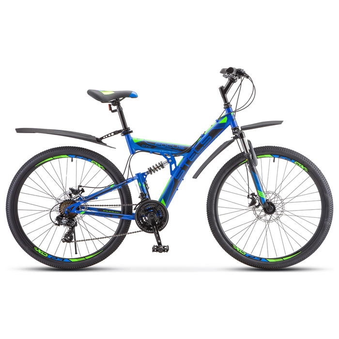 Велосипед 27,5" Stels Focus MD, V010, цвет синий/неоновый-зеленый, размер 19"