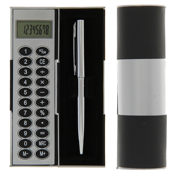 Калькулятор-футляр с ручкой 8-разрядный корпус черный-серый, УЦЕНКА
