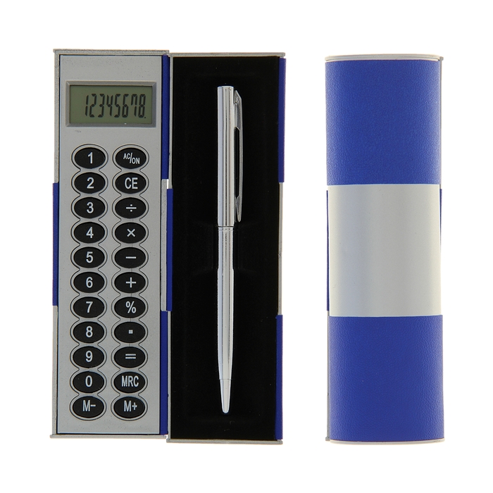 Калькулятор-футляр с ручкой 8-разрядный корпус темно-синий-серый, УЦЕНКА