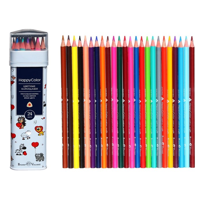 Карандаши 24 цвета Happycolor в металлической тубе, микс из 3 видов