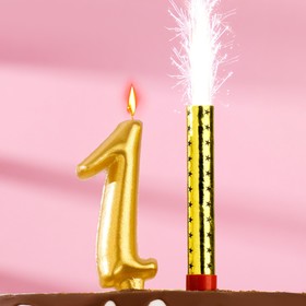 Набор Свеча для торта цифра 1 Гигант, золотая, с фонтаном