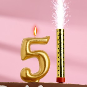 Набор Свеча для торта цифра 5 Гигант, золотая, с фонтаном