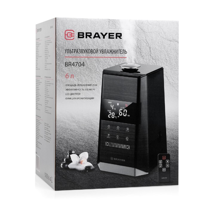 Увлажнитель BRAYER 4704BR, 110 Вт, ультразвуковой, 6 л, 25 м2, таймер, пульт, чёрный 4791115 - фото 45754