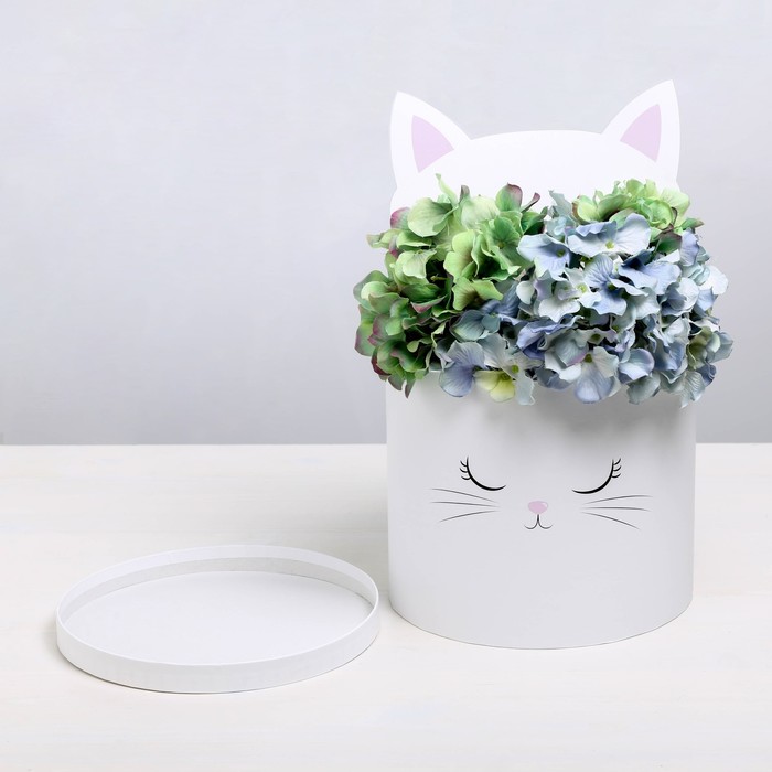 Коробка шляпная для цветов с доп. элементом «Белый котик», 22 × 22 см