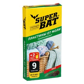 Пластины от моли "SuperBAT",  хвоя, 9 шт + 2 крючка (5 шт)