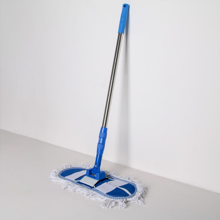 Швабра для мытья пола плоская Доляна, телескопическая стальная ручка 81-122 см, насадка х/б 36×12 см, цвет синий