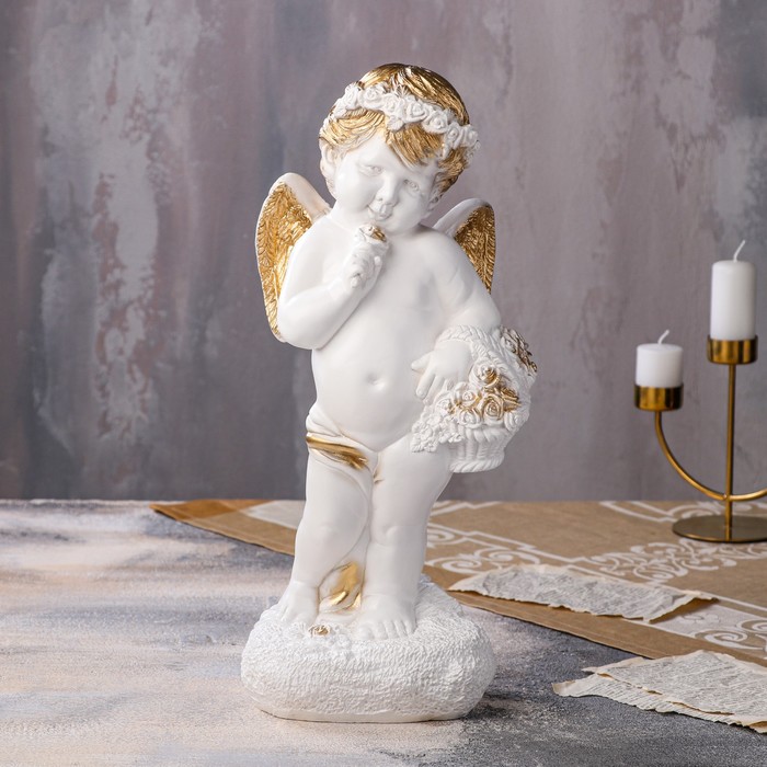 Статуэтка "Ангел с корзиной", бело-золотая, гипс, 48 см