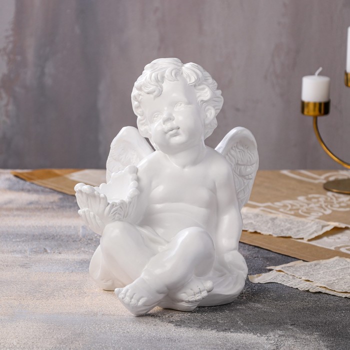 Статуэтка "Ангел с чашей сидит", большая, белая, гипс, 30 см - фото 976677