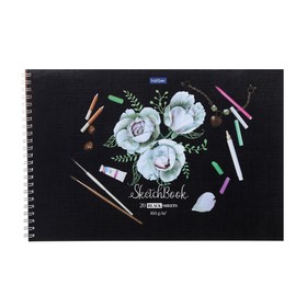 Альбом для рисования А4, 20 листов на гребне SketchBook «Нежные цветы», жёсткая подложка, блок чёрная бумага 160 г/м2
