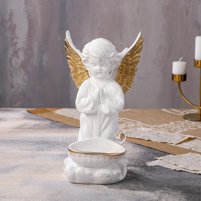 Статуэтка "Ангел с чашей внизу", бело-золотая, 34 см