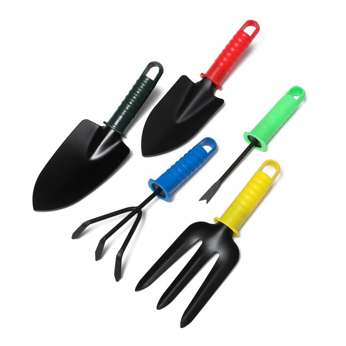 Набор садового инструмента, 5 предметов: 2 совка, рыхлитель, вилка, корнеудалитель, длина 27 см, пластиковые ручки, цвет МИКС - фото 30973