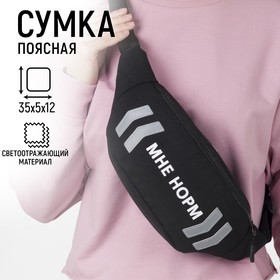 Сумка поясная, текстильная, светоотр. нашивки, отд. на молнии, черная, «Мне норм», 35 х 12 х 5 см 4781191