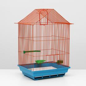 Клетка для птиц большая, крыша-домик, комплект, 34 х 28 х 54 см, голубой/оранжевый