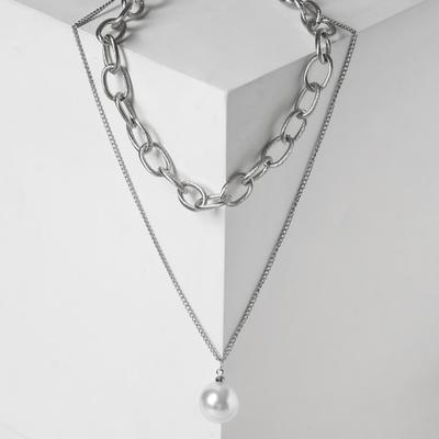 Pendant "Chain" ring with bead, white color in silver