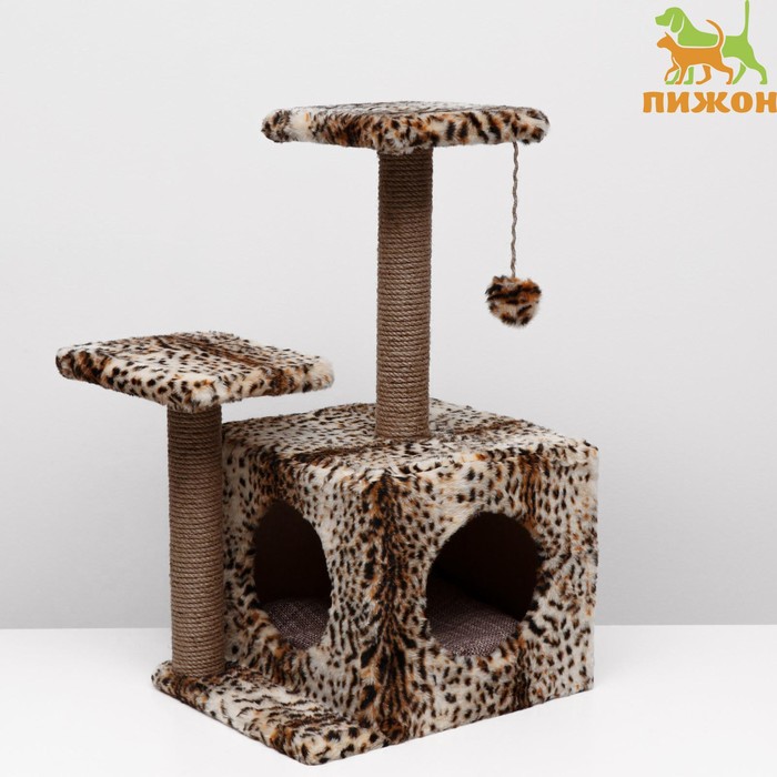 Домик-когтеточка «Квадратный трёхэтажный с двумя окошками», джут, 45×47×75 см, леопард