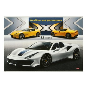 Альбом для рисования А4, 32 листа на скрепке "Быстрые машины", бумажная обложка, блок 100 г/м2