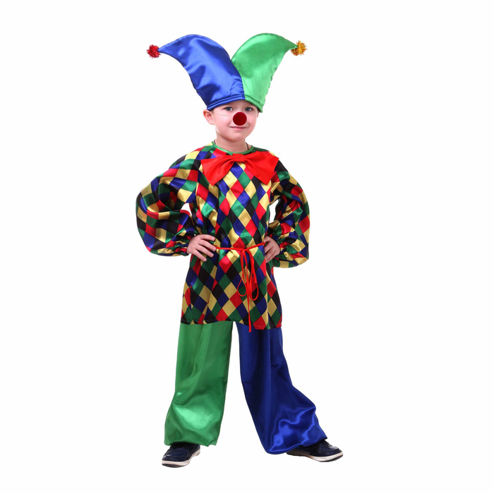 Карнавальный костюм «Клоун Кеша», рубашка, штаны, шапка, бант, носик, р. 36, рост 140 см - фото 980651