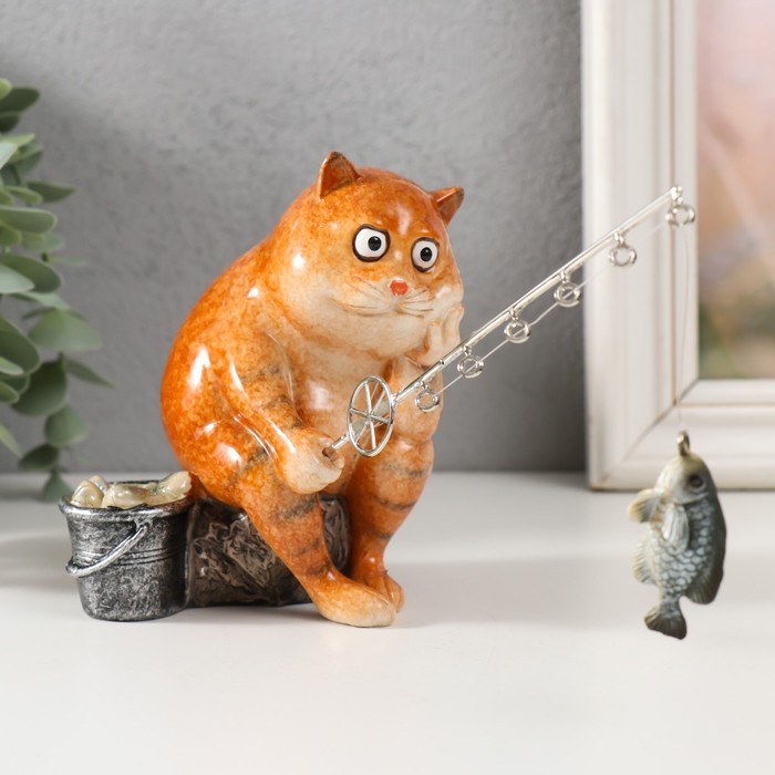 Сувенир полистоун лак "Рыжий кот на рыбалке" 12,5х10х18 см