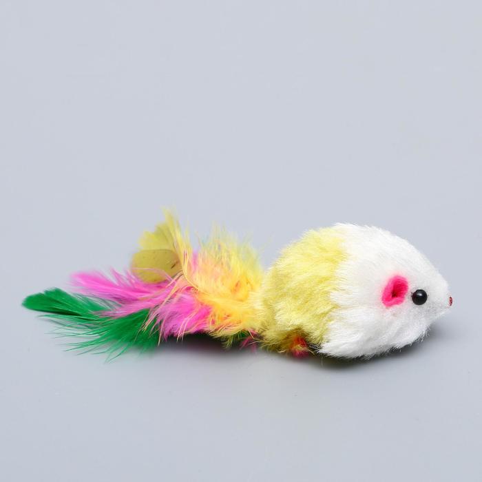 Игрушка для кошек "Малая мышь" с перьями, микс цветов - быстрая доставка - фото 113431