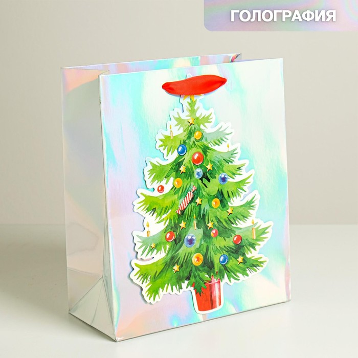 Пакет голографический вертикальный «Новогодняя ёлочка», 25 × 21 × 10 см