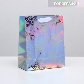 Пакет голографический вертикальный «Снежинки», 25 × 21 × 10 см