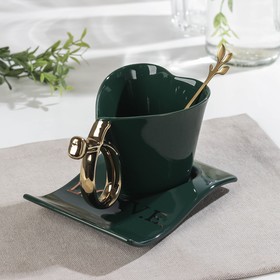Набор чайный декоративный чашка, блюдце, ложка зеленый/золото