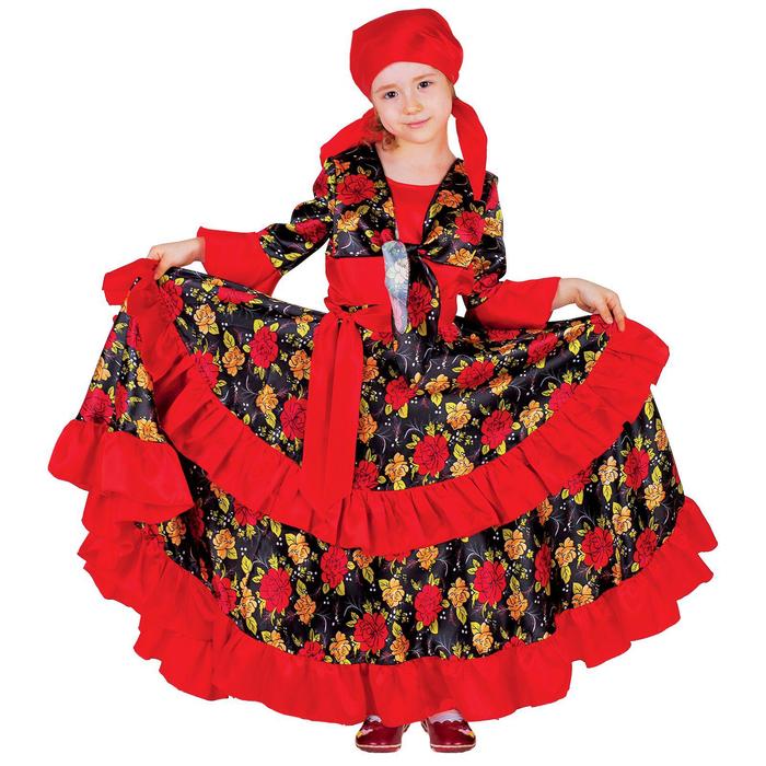 Карнавальный цыганский костюм для девочки, красный с двойной оборкой по юбке, р. 30, рост 116 см