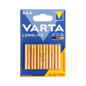 Батарейка алкалиновая Varta LongLife, AAA, LR03-6BL, 1.5В, блистер, 4+2 шт. 5217286