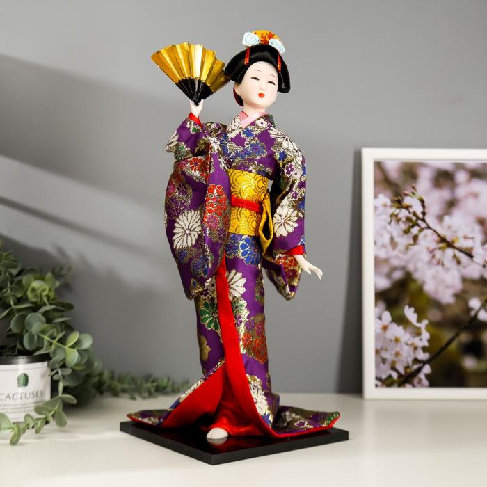 Кукла коллекционная "Гейша в фиолетовом кимоно с веером" 42х16,5х16,5 см - фото 8969638