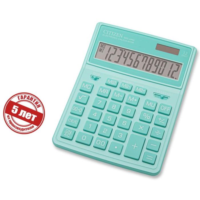 Калькулятор настольный 12 разрядный, Citizen Business Line, SDC-444XRGNE, двойное питание, 155 х 204 х 33 мм, бирюзовый