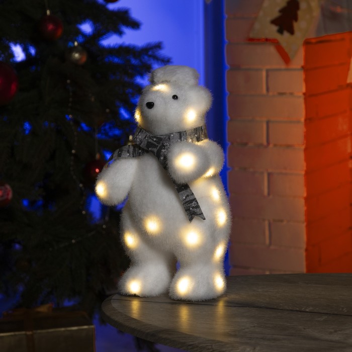 Светодиодная фигура «Медведь в шапке» 18 × 30 × 17 см, флок, батарейки ААх2 (не в комплекте), свечение тёплое белое - фото 563345