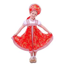Русский народный костюм с кокошником, красно-бежевые узоры + бомбоны на шнурке, р. 28, рост 104 см
