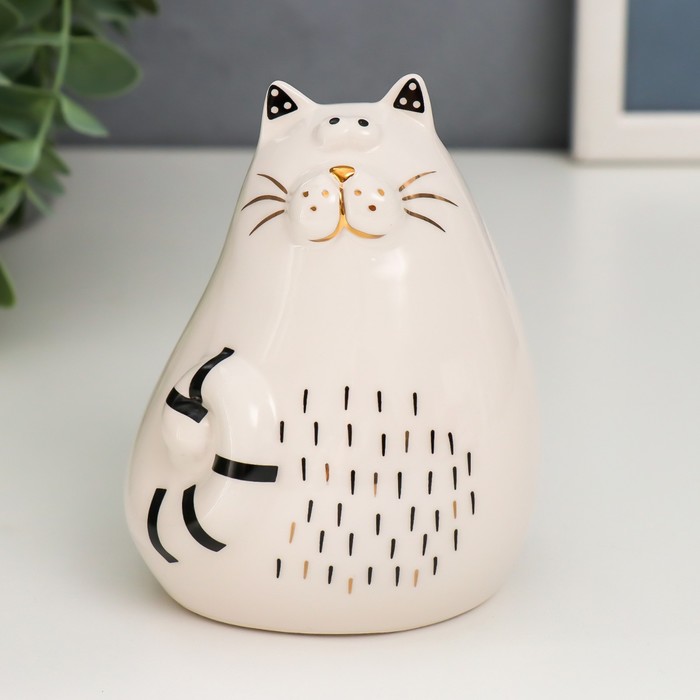 Сувенир керамика "Пухлый кот" бело-чёрный с золотом 10,2х7,3х8,2 см